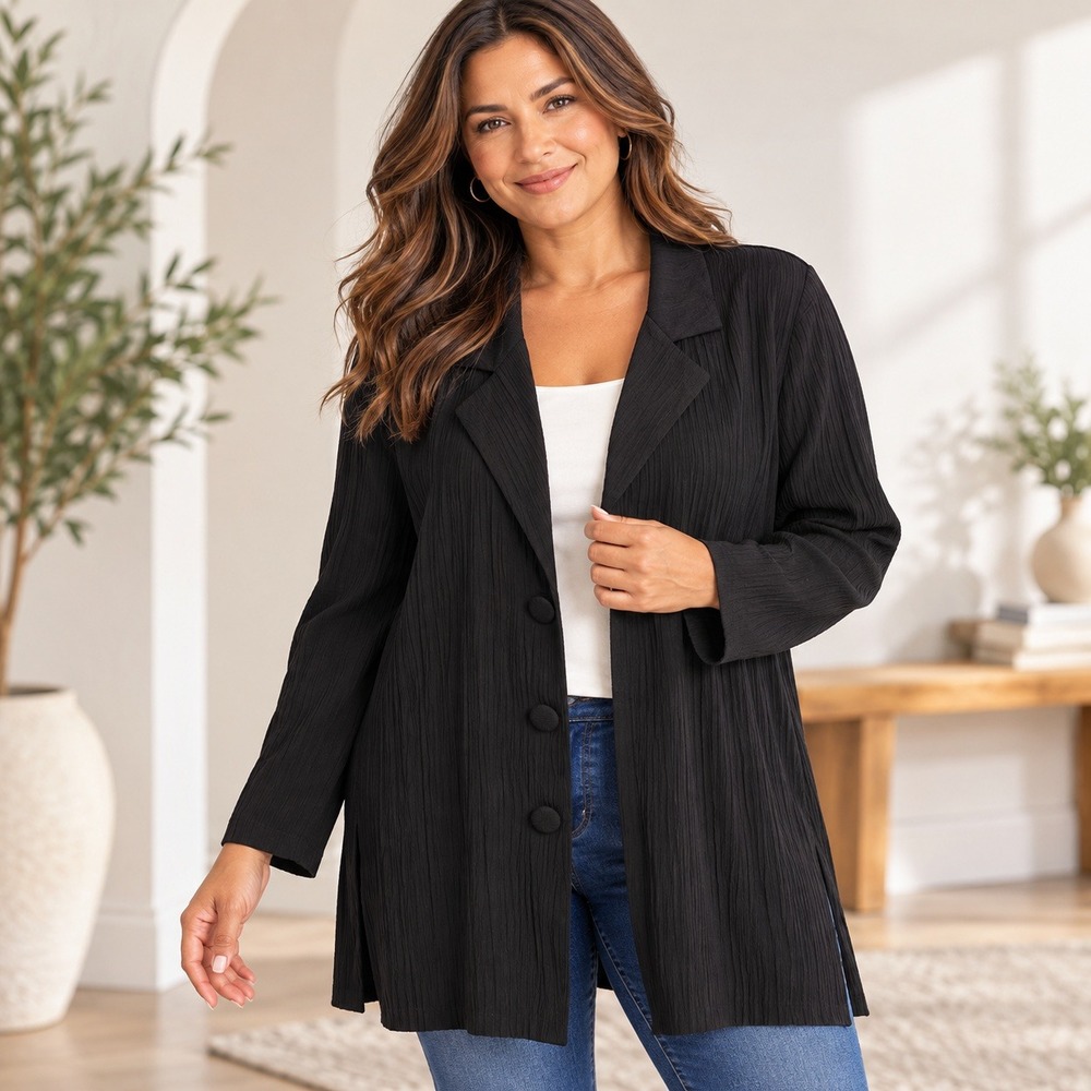 Carole Little II Womens Black Crinkle Textured Long Jacket 3 Button Size L